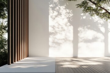 Minimalist outdoor space with wooden wall and tree shadows.