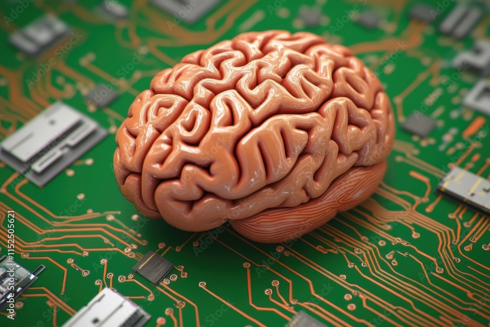 Poster innovative fusion of technology and neuroscience represented by a brain on a circuit board