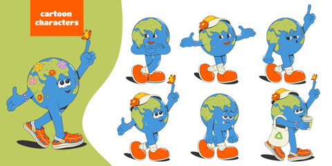 A set of cartoon planet Earth with different emotions and poses. Isolated on a white background. Design elements for Earth Day. Eco problems, caring for nature. Vector illustration.