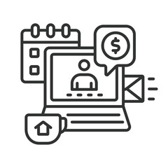 Vector icon representing remote work with elements like a laptop, video call, coffee cup, and flexible schedule. Ideal for projects related to home office, telecommuting, and online productivity