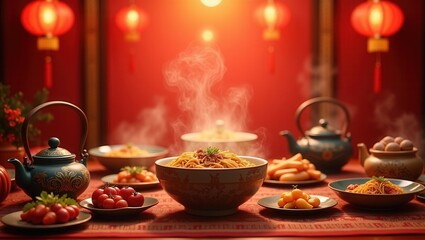 Fototapeta premium A beautifully arranged festive table with steaming bowls of noodles, traditional teapots, and fresh fruits, decorated with red lanterns for a warm Chinese celebration. Generative, AI,
