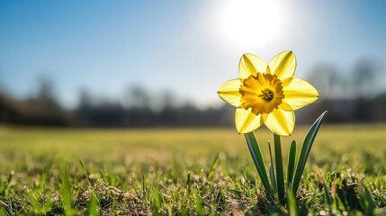 Fototapeta premium Single Yellow Daffodil in Sunlight on Green Grass in Spring