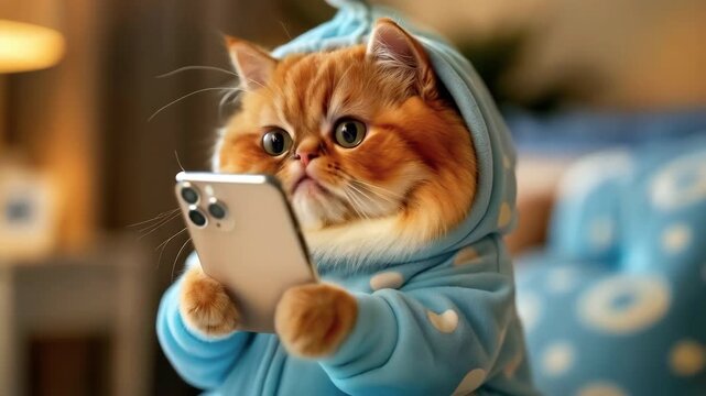 Cute hungry kitten holding smartphone in paws. Funny chubby exotic orange cat with fold face is using smartphone. Kitten dressed want to eat looking at the smartphone screen with attention. Lick lips