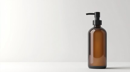 Amber Glass Bottle with Pump Dispenser on White Background