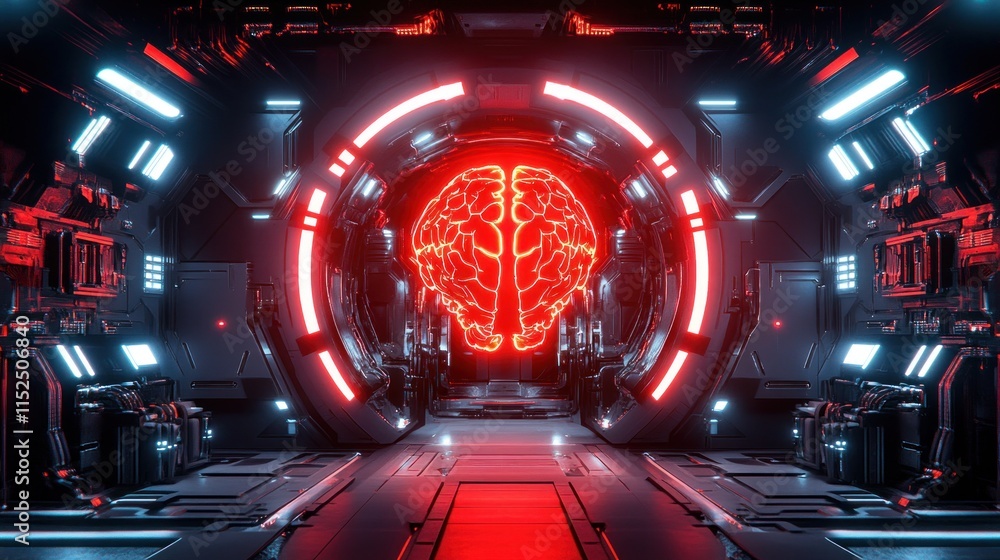 Aufkleber futuristic red lit tunnel with a brain scan in the center.