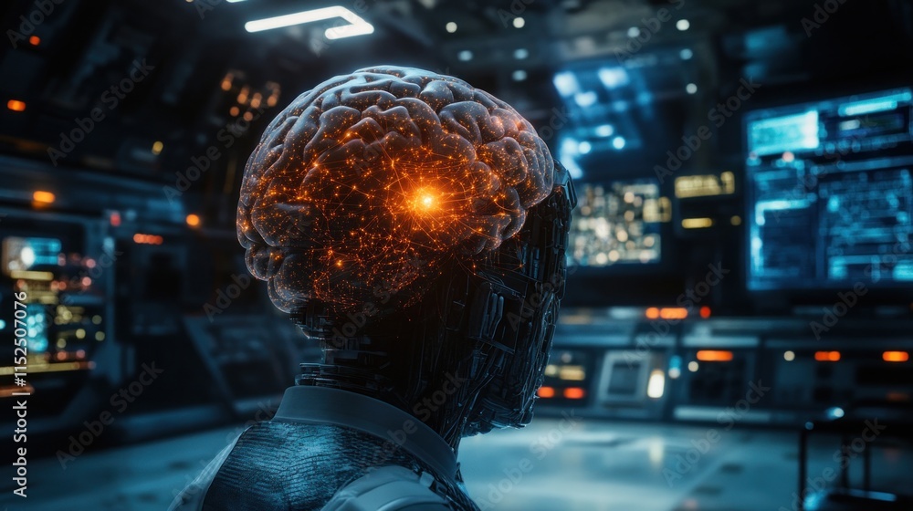 Poster futuristic robot with glowing brain in high-tech control room.