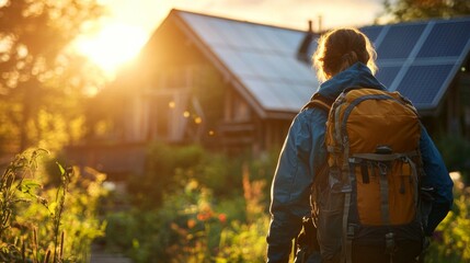 Fototapeta premium Woman Backpacker Approaches Sustainable Solar Home