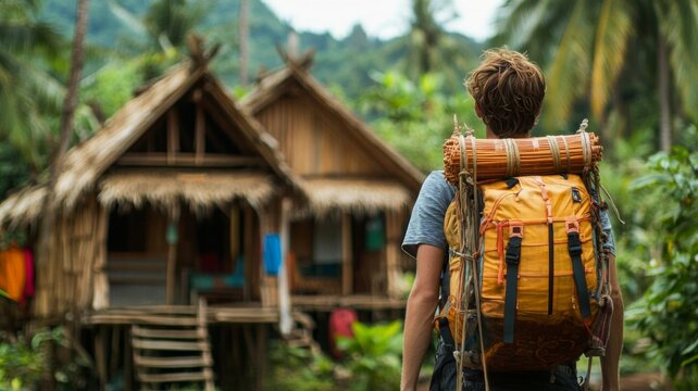Backpacker approaches tropical village huts