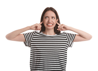 Woman covering her ears with fingers on white background