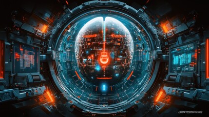 Futuristic sphere encased in complex machinery, glowing with orange and blue energy.