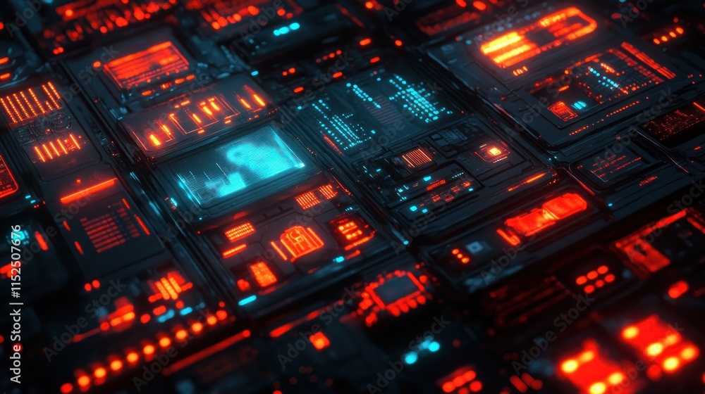Poster futuristic tech interface with glowing red and blue circuits and a central screen displaying a human