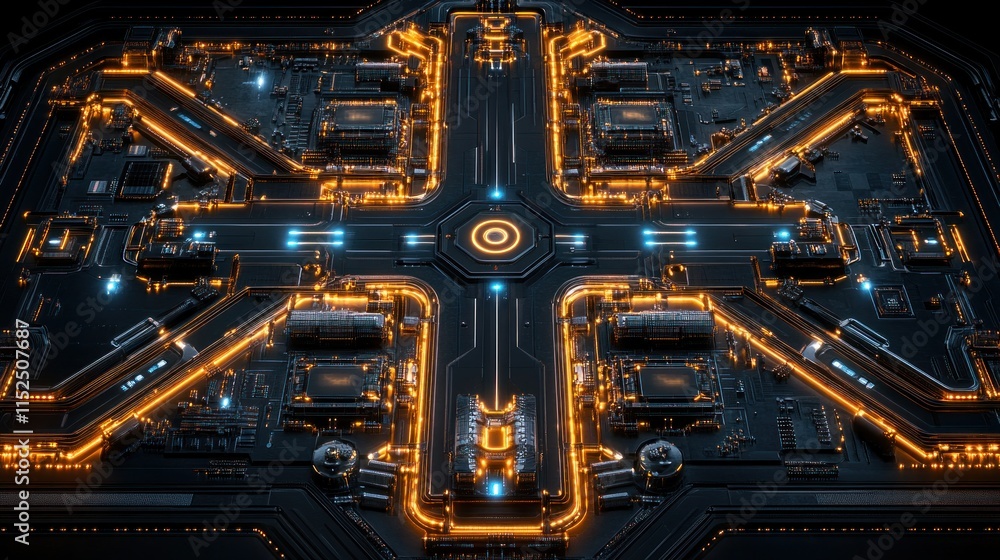 Poster futuristic tech circuit board with glowing orange pathways and central hub.