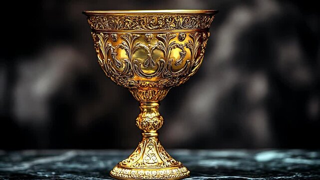 A golden goblet stands on a dark background, its ornate design gleaming.