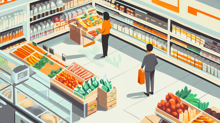 Customers buying groceries at organic fruit vegetable store, supermarket. City dwellers buy farm products. Buying food and grocery. Shopping people.