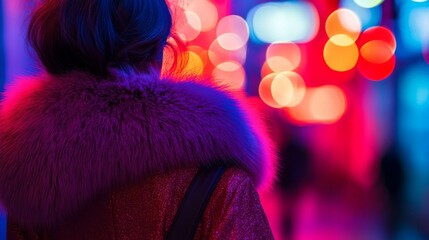 Woman In Fur Collar Facing Away City Lights
