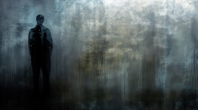 A solitary figure is illuminated by soft light in a misty urban setting during a rainy evening. The blurred outlines of buildings and other figures create an introspective atmosphere - Generative AI