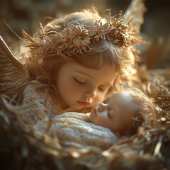 Fototapeta premium A gentle angel fell asleep next to baby Jesus, soft golden light illuminates the angel's face and wings, serene and divine atmosphere, blurred background with a Nativity scene.