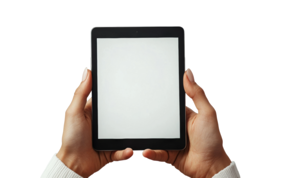 Hands holding blank digital tablet with white screen, modern technology concept for apps, business, education, and media design isolated on transparent background
