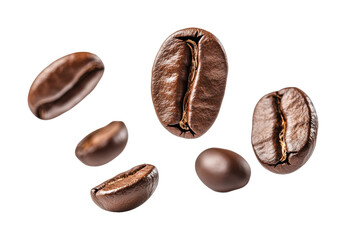 Floating roasted coffee beans isolated in mid-air, realistic brown aromatic coffee grains concept for drinks, cafe, and brewing design on transparent background