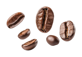 Floating roasted coffee beans isolated in mid-air, realistic brown aromatic coffee grains concept for drinks, cafe, and brewing design on transparent background