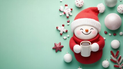 Fototapeta premium A joyful character in a cozy Christmas outfit, holding a mug of cocoa on a pastel mint background with festive decor