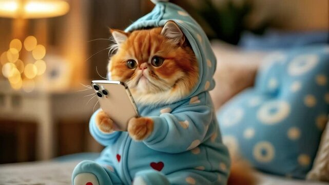 A cute chubby kitten dressed sweet pajamas holds a smartphone while sitting on a bed at cozy home bedroom. Funny cat using smartphone, looking at the phone screen. Adorable pet with smartphone concept