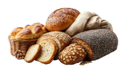 Assortment of fresh bakery bread loaves with oats, seeds, and crusty texture, variety of homemade artisanal bread in basket perfect for bakery shop isolated on transparent background