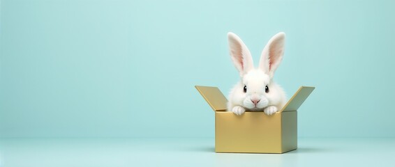 A cute white rabbit sitting in a cardboard box on a minimalist light blue background. Represents pets, innocence, and adorable moments.

