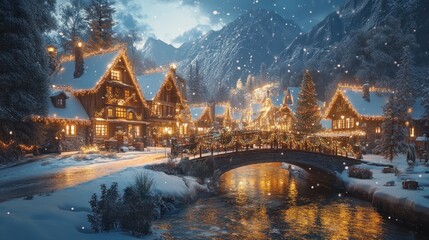 Fototapeta premium A charming Christmas village by a snowy river with glowing streetlights, decorated bridges, and twinkling holiday lights