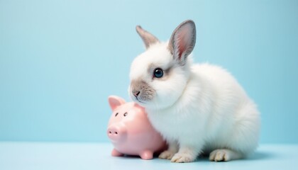Adorable white bunny sitting beside a pink piggy bank, placed against a light blue colored backdrop. Perfect image to symbolize saving, cuteness, financial security, and innocence.


