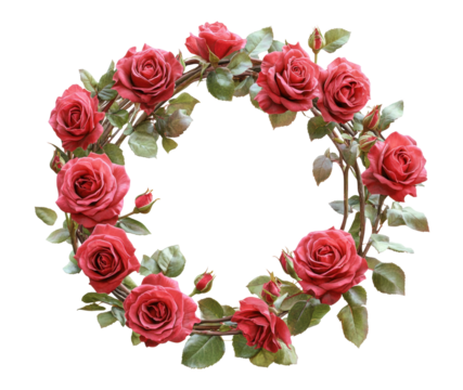 Romantic red roses arranged in circular floral border, beautiful vibrant flowers with green leaves, perfect for love, weddings, and Valentine’s Day isolated on transparent background