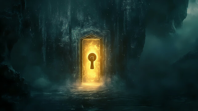 The enigmatic glowing lock: symbolizing unattainable desires in a featureless expanse of mystery and intrigue. Liminality. Illustration