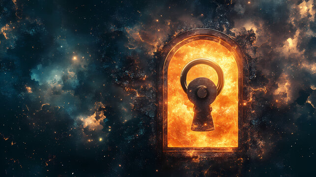 The enigmatic glowing lock: symbolizing unattainable desires in a featureless expanse of mystery and intrigue. Liminality. Illustration
