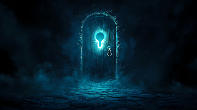 The enigmatic glowing lock: symbolizing unattainable desires in a featureless expanse of mystery and intrigue. Liminality. Illustration