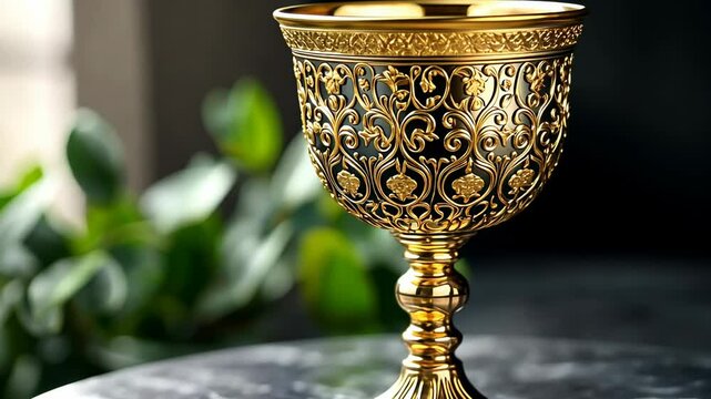 Close-up shot of an ornate gold goblet on a marble table.
