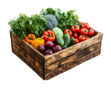 Fresh vegetables arranged in a wooden box for a healthy lifestyle concept. Isolated on transparent background, png.
