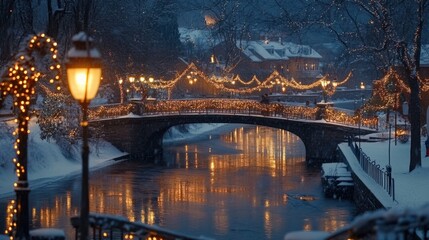 Obraz premium A festive riverside Christmas view with snow-covered bridges, glowing streetlights, and sparkling holiday decor
