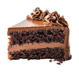 Delicious chocolate cake slice with creamy layers and chocolate chunks, rich dessert, sweet bakery treat, indulgent food concept isolated on transparent background