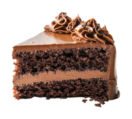 Delicious chocolate cake slice with creamy layers and chocolate chunks, rich dessert, sweet bakery treat, indulgent food concept isolated on transparent background