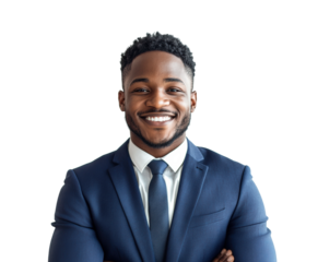 Smiling confident businessman in a navy blue suit with arms crossed, professional portrait for corporate leadership, success, and business career concepts isolated on transparent background