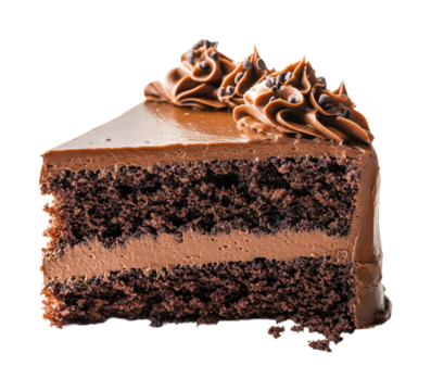 Delicious chocolate cake slice with creamy layers and chocolate chunks, rich dessert, sweet bakery treat, indulgent food concept isolated on transparent background