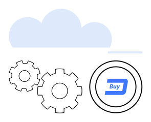 Cloud, two gears, and round button with Buy text. Ideal for technology, digital transactions, online shopping, cloud services, automation engineering and cloud computing concepts. Line metaphor