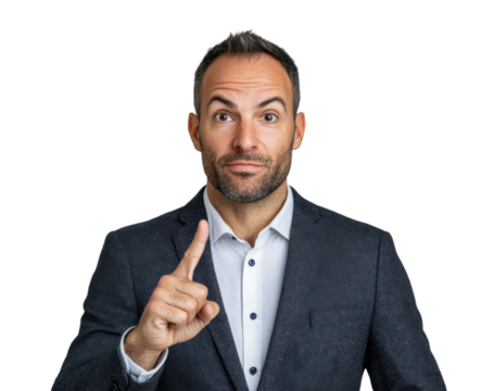 Young businessman pointing upward with thoughtful expression, concept of idea, innovation, or solution, corporate leadership and success isolated on transparent background