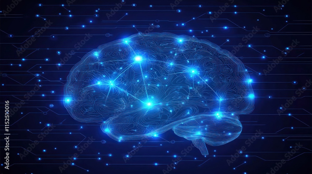 Poster glowing blue human brain on a circuit board background, representing artificial intelligence and neu