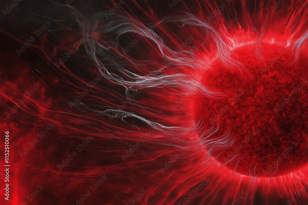 Poster abstract depiction of a glowing red sphere with flowing light in a dark background