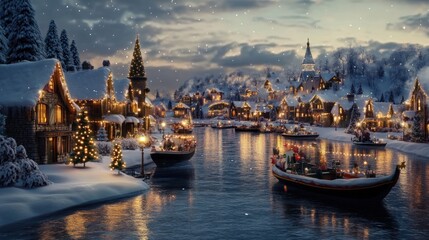 Obraz premium A magical Christmas village by a frozen lake with decorated boats, twinkling lights, and snow-covered rooftops
