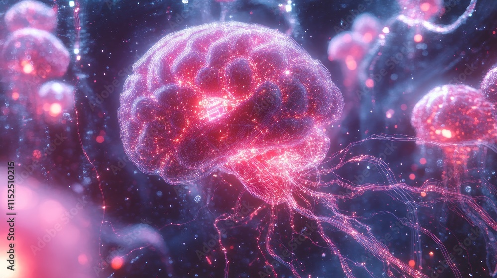 Poster glowing brain abstract artwork with particles.