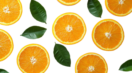 Orange slices and green citrus leaves, vibrant fruit arrangement, natural tropical design for healthy food or summer concept isolated on transparent background