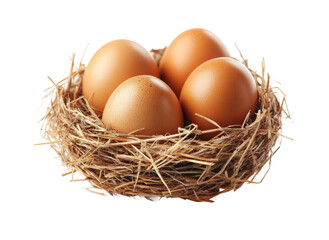 Nest with six brown eggs surrounded by dry hay, natural rustic farm arrangement, fresh organic food for breakfast or cooking isolated on transparent background
