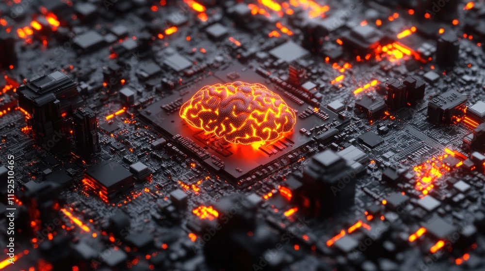 Poster glowing brain cpu on circuit board; ai, technology, intelligence concept.
